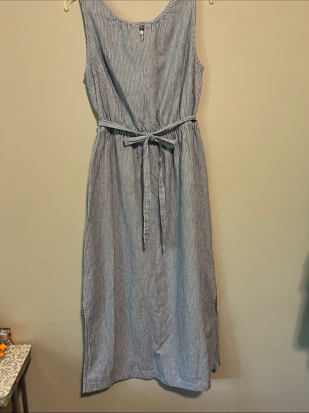 Talbots Blue and White Striped Sleeveless Tie-Waist Maxi Dress